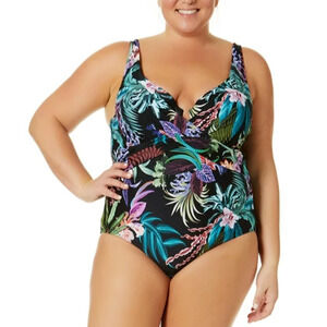 Terra & Sky Black Floral Molded Cup One Piece Beach Summer Swimsuit Womens SZ 4X